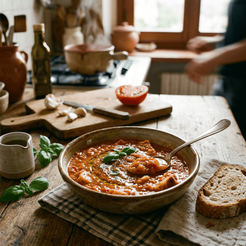 Bowl of tomato soup with basil, bread, garlic, and tomato in a rustic kitchen