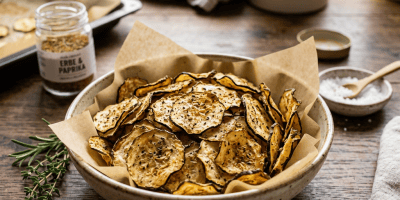 Bowl of seasoned vegetable chips beside herbs and spices
