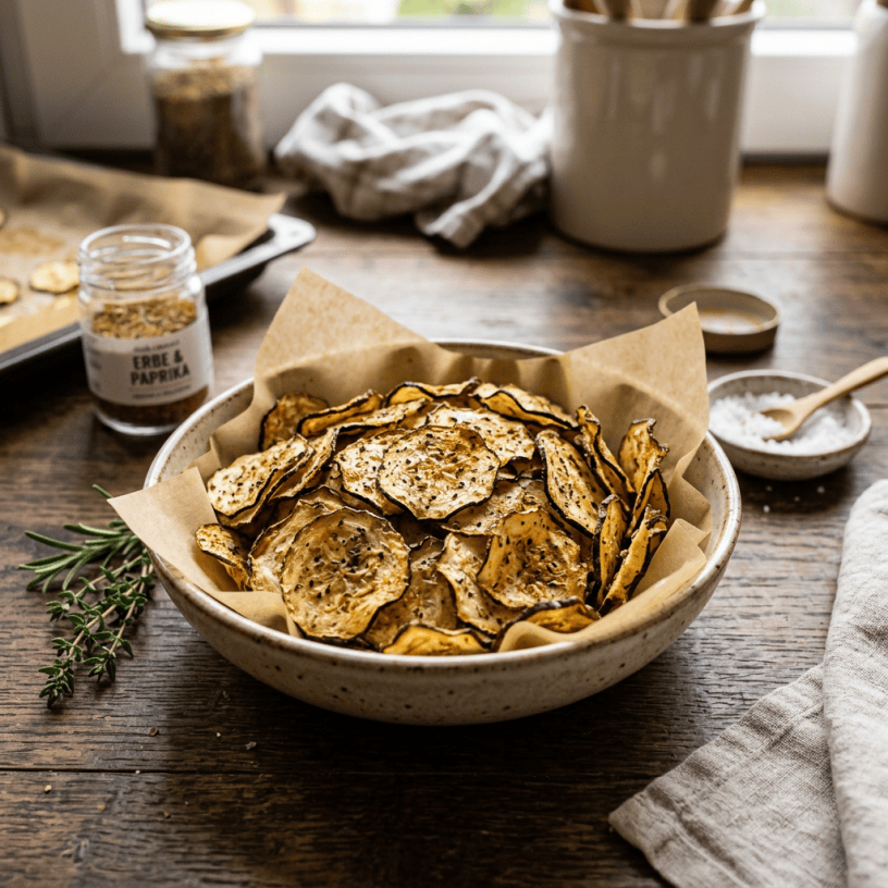 Bowl of seasoned vegetable chips beside herbs and spices
