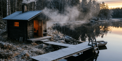 Small lakeside cabin with smoking chimney, dock, and rowboat at dawn