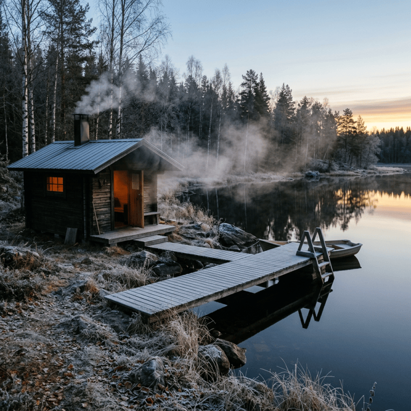 Small lakeside cabin with smoking chimney, dock, and rowboat at dawn