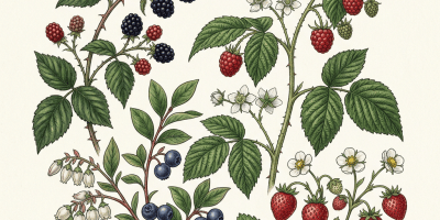 Botanical illustration of blackberry, raspberry, blueberry, and strawberry plants