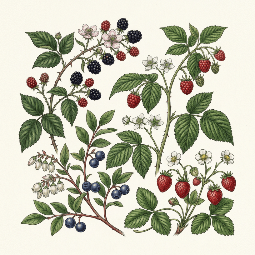 Botanical illustration of blackberry, raspberry, blueberry, and strawberry plants