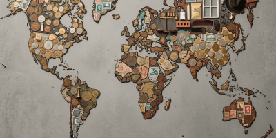 World map collage made from coins, stamps, and cultural objects