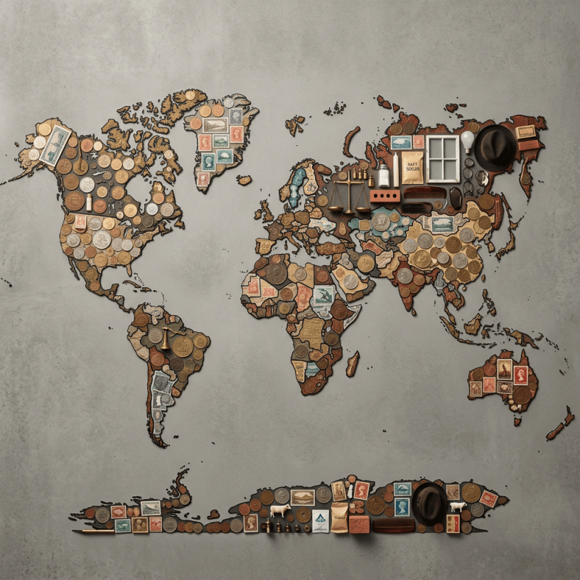 World map collage made from coins, stamps, and cultural objects
