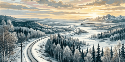 Snow-covered railway winding through a forested valley toward distant mountains