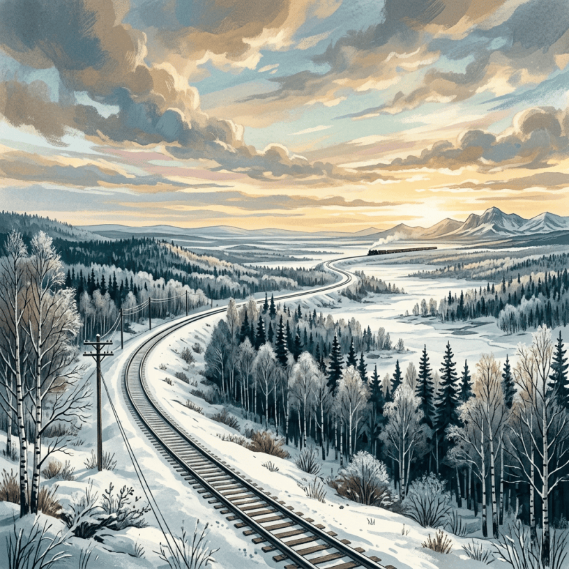 Snow-covered railway winding through a forested valley toward distant mountains
