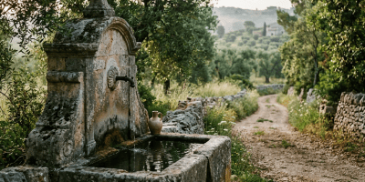 Weathered stone fountain beside a rural path in a Mediterranean countryside