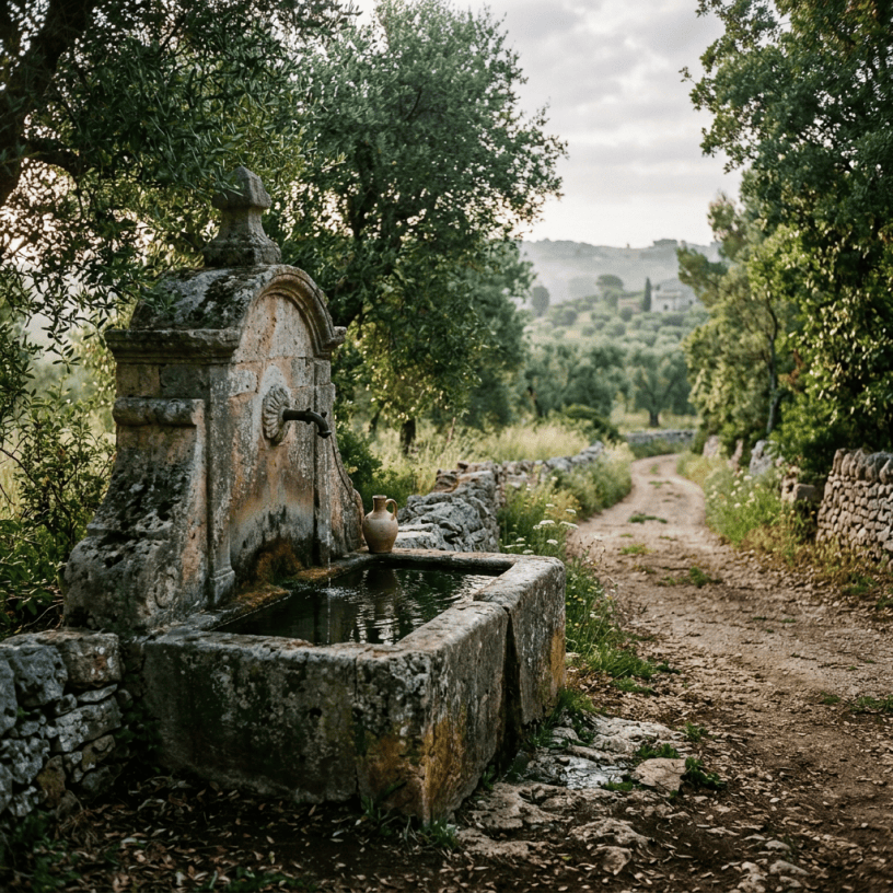 Weathered stone fountain beside a rural path in a Mediterranean countryside