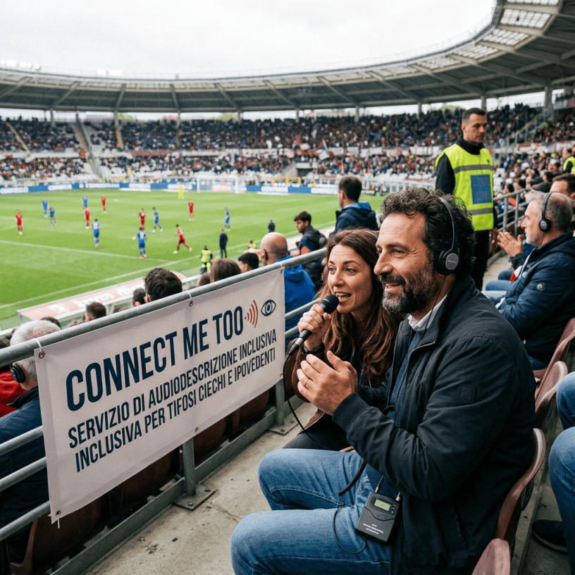Commentators provide audio description beside a sign reading "CONNECT ME TOO" in an Italian football stadium