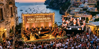 Outdoor orchestra concert overlooking the sea, with text reading “LA MUSICA DI YOKO SHIMOMURA RISUONA NELLE ISOLE ITALIANE.”