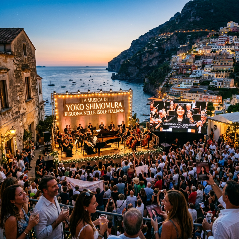 Outdoor orchestra concert overlooking the sea, with text reading “LA MUSICA DI YOKO SHIMOMURA RISUONA NELLE ISOLE ITALIANE.”