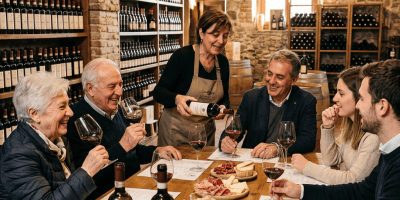 Group tasting Barbera d’Asti and Nizza wines in a stone wine cellar