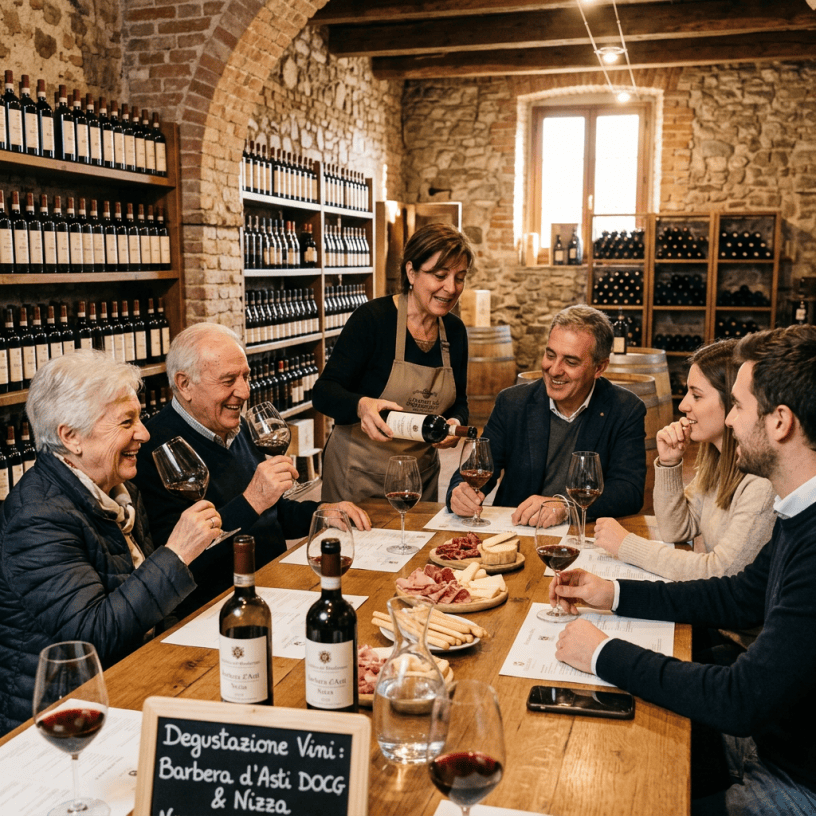 Group tasting Barbera d’Asti and Nizza wines in a stone wine cellar
