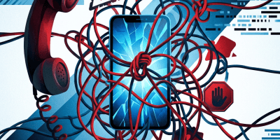 Cracked smartphone tangled in red and blue cords beside warning symbols