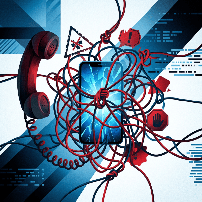Cracked smartphone tangled in red and blue cords beside warning symbols