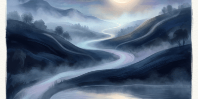 Crescent moon over misty mountains, winding path, and reflective lake
