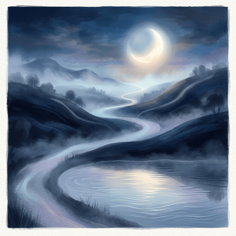 Crescent moon over misty mountains, winding path, and reflective lake