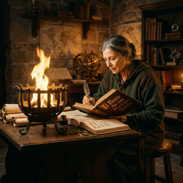 Woman writing with a quill beside a fire, books, and scrolls