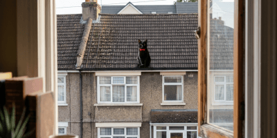 Black cat wearing a red collar sits on a tiled rooftop