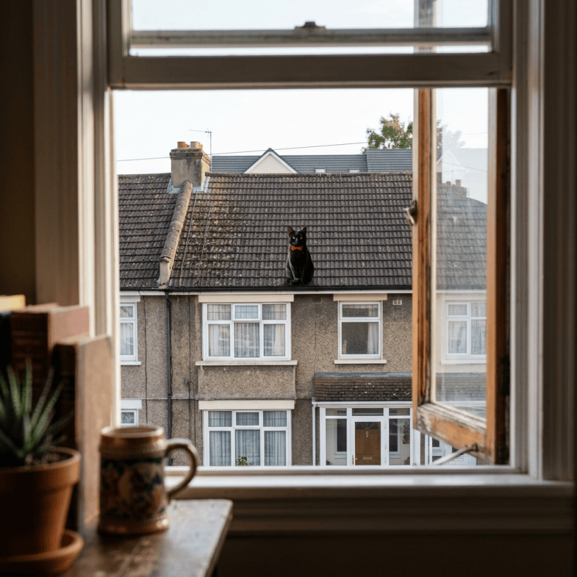 Black cat wearing a red collar sits on a tiled rooftop