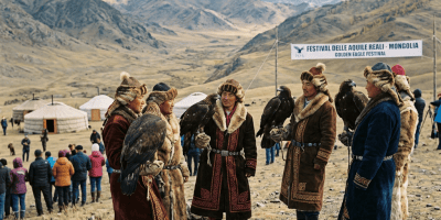 Four eagle hunters in traditional clothing holding golden eagles at a Mongolian festival