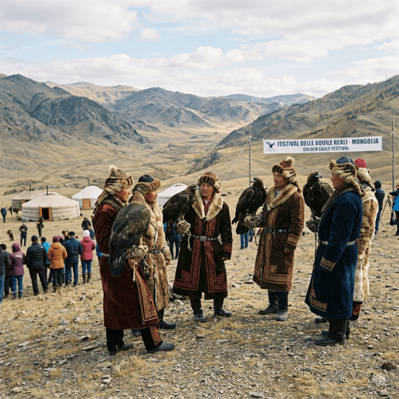 Four eagle hunters in traditional clothing holding golden eagles at a Mongolian festival