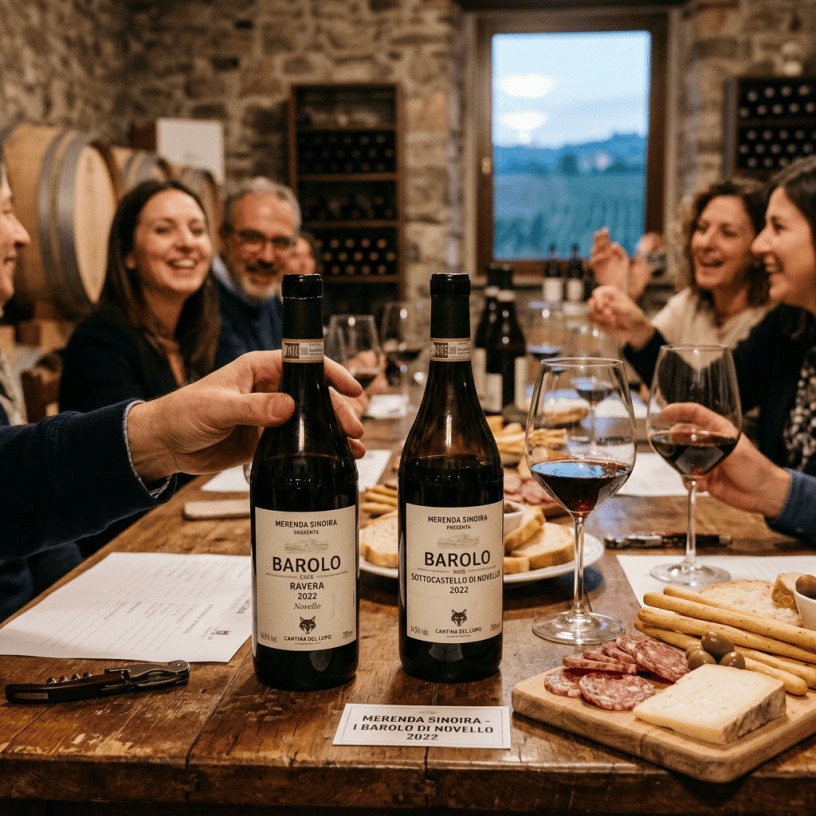 Two Barolo DOCG 2022 bottles labeled Ravera and Sottocastello di Novello beside wine glasses and food
