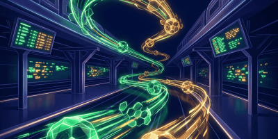 Glowing green and gold footballs streaming through a futuristic sports data arena