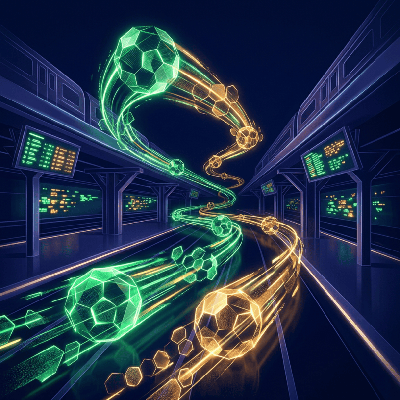 Glowing green and gold footballs streaming through a futuristic sports data arena