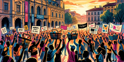 Crowd protesting with signs and shopping baskets in a city square