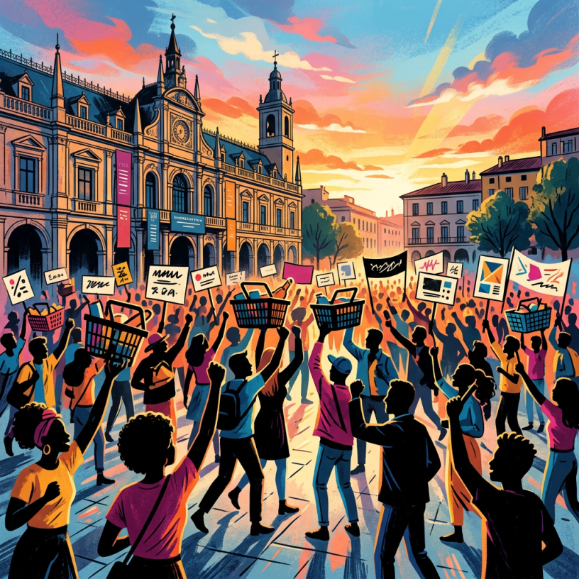 Crowd protesting with signs and shopping baskets in a city square