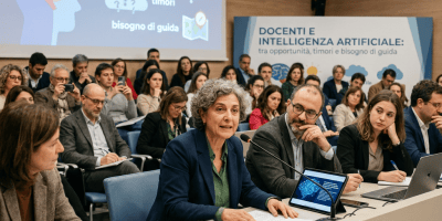 Educators attend a presentation titled Docenti e intelligenza artificiale