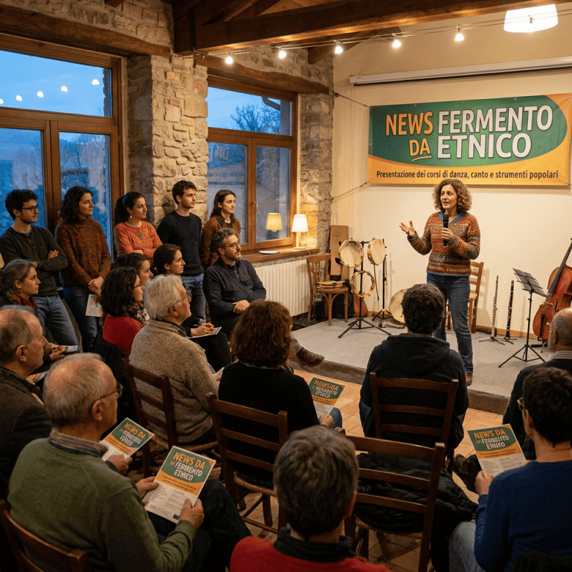 Woman presenting cultural courses to seated audience beneath a News Fermento da Etnico banner