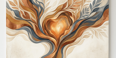 Abstract botanical artwork with flowing leaves and glowing amber center