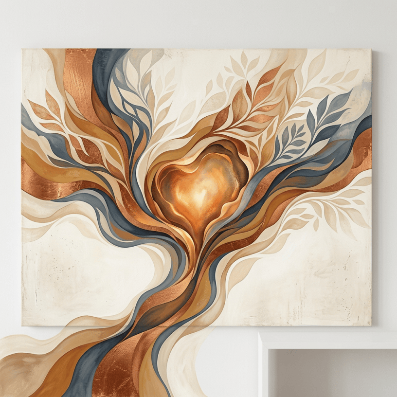 Abstract botanical artwork with flowing leaves and glowing amber center