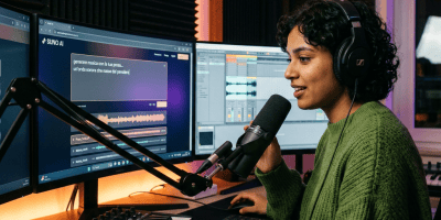 Musician using Suno AI, audio software, microphone, and MIDI keyboard