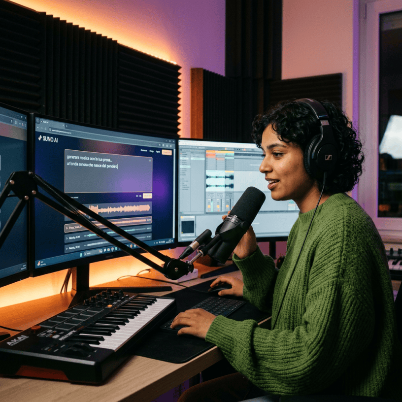 Musician using Suno AI, audio software, microphone, and MIDI keyboard