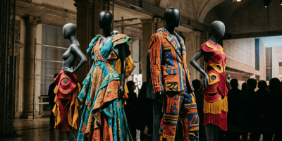 Four mannequins modeling colorful sculptural garments on a museum runway