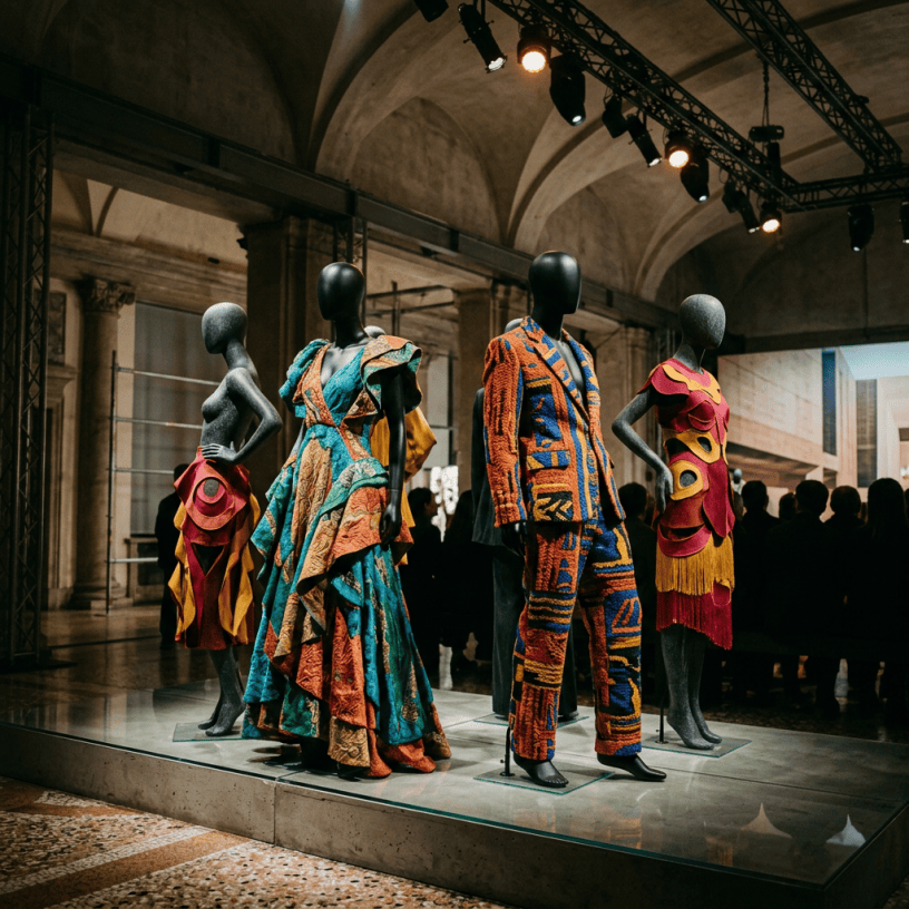 Four mannequins modeling colorful sculptural garments on a museum runway
