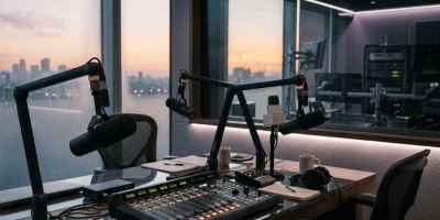 Broadcast studio with microphones, mixer, headphones, and sunset city view