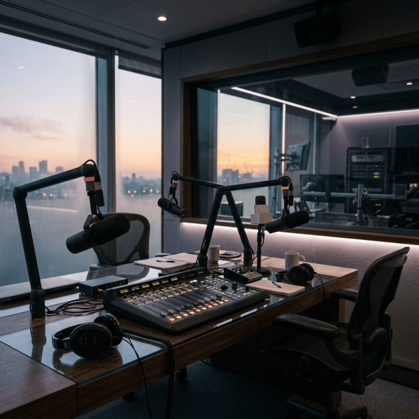 Broadcast studio with microphones, mixer, headphones, and sunset city view