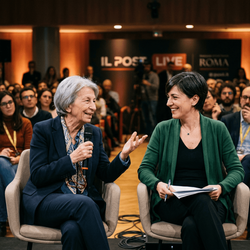 Two women seated onstage during a live discussion in Rome