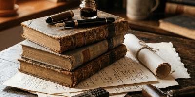 Antique books, fountain pens, handwritten papers, and printing tools on a wooden desk