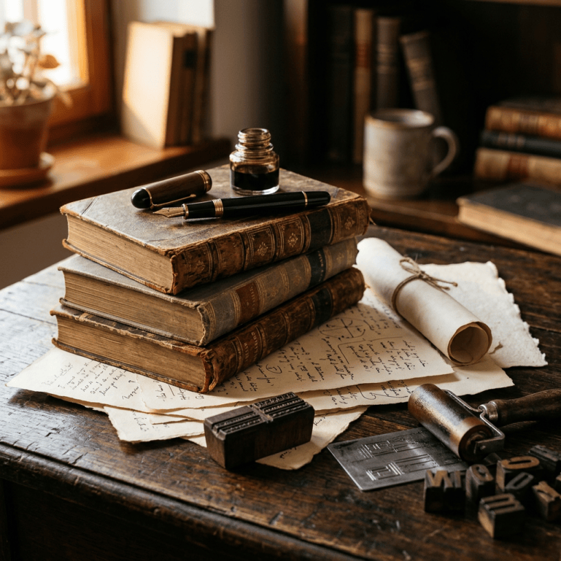 Antique books, fountain pens, handwritten papers, and printing tools on a wooden desk