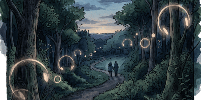 Two people walking along a glowing forest path at twilight