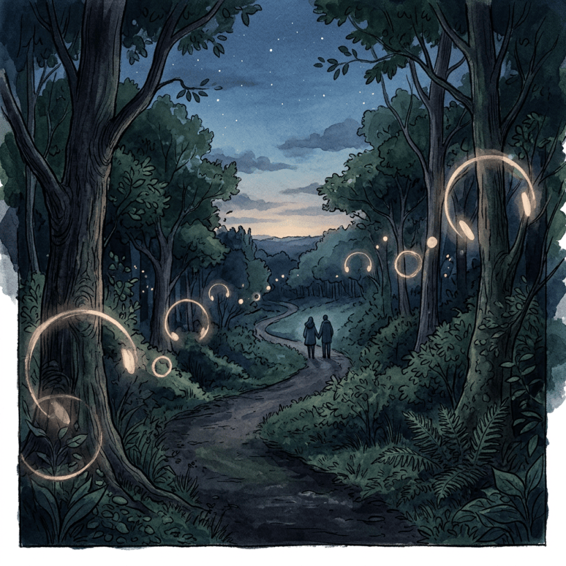 Two people walking along a glowing forest path at twilight