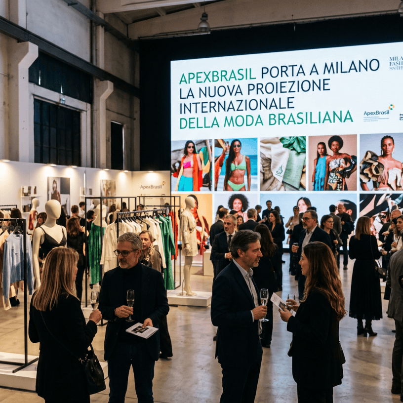 Guests viewing Brazilian fashion displays beneath an APEXBrasil presentation screen