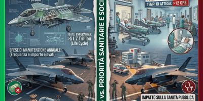 Infografica in italiano sul costo degli F-35 e sull’impatto sulla sanità pubblica