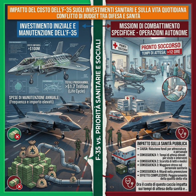 Infografica in italiano sul costo degli F-35 e sull’impatto sulla sanità pubblica